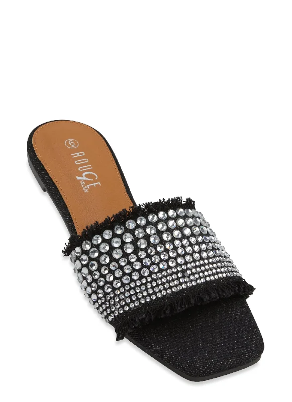 Frayed Denim Rhinestone Slide Sandals