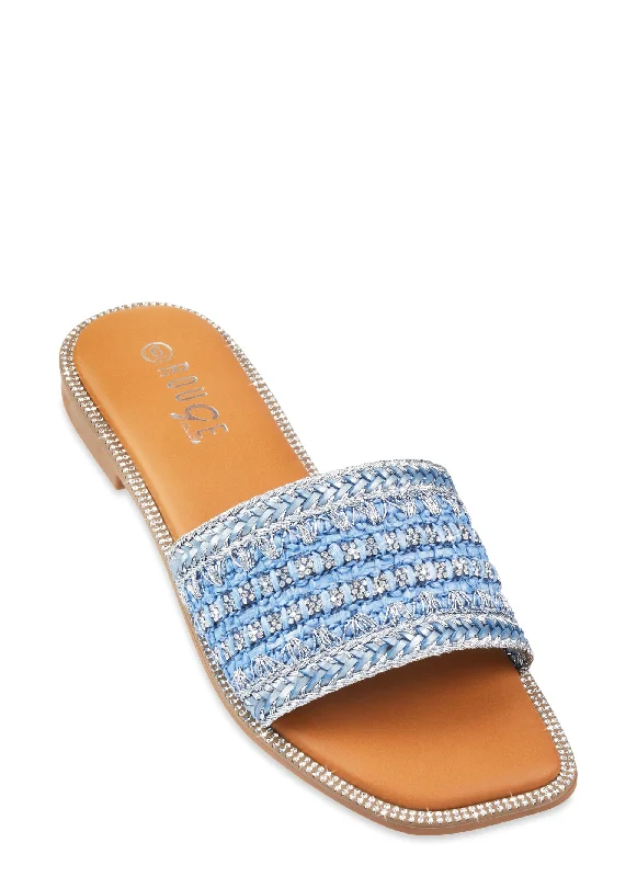 Woven Rhinestone Band Slide Sandals