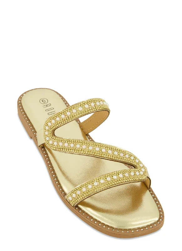 Rhinestone Asymmetric Band Flat Sandals