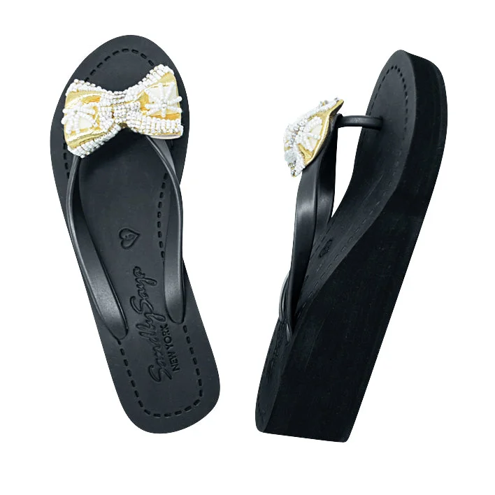 High Line -  Pearl & Gold Bow Embroidery Mid Wedge Flip Flops Sandals