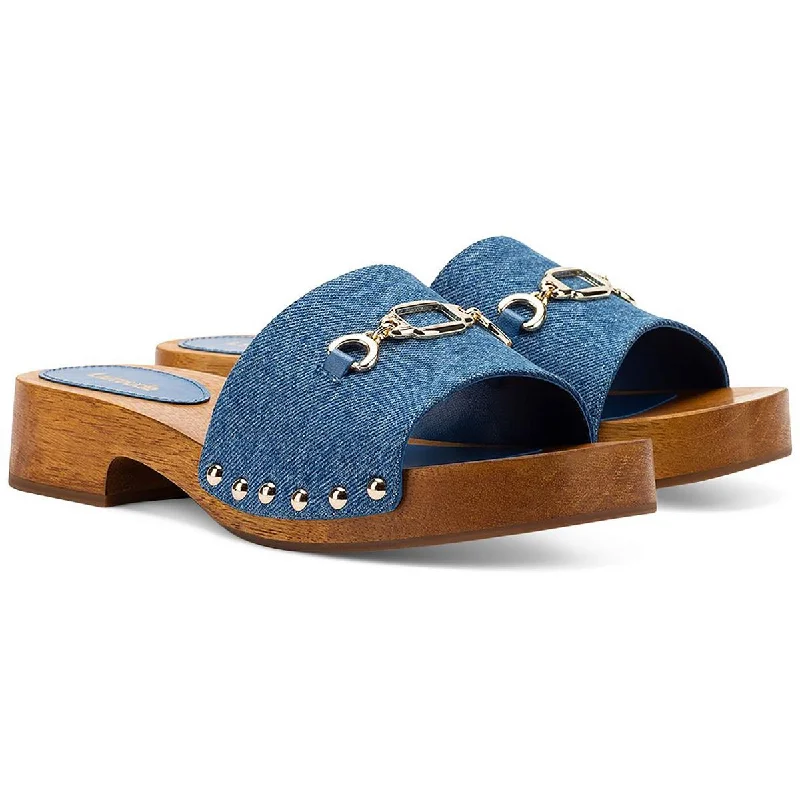 Larroude Womens Zuzi Denim Chain Slide Sandals