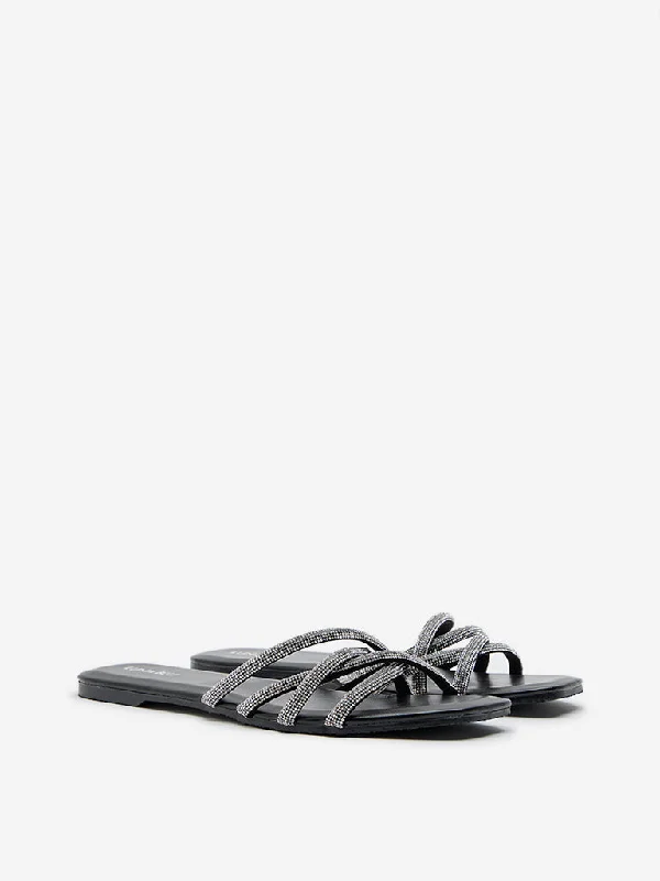 LUNA BLU Black Diamante Multi-Strap Sandals