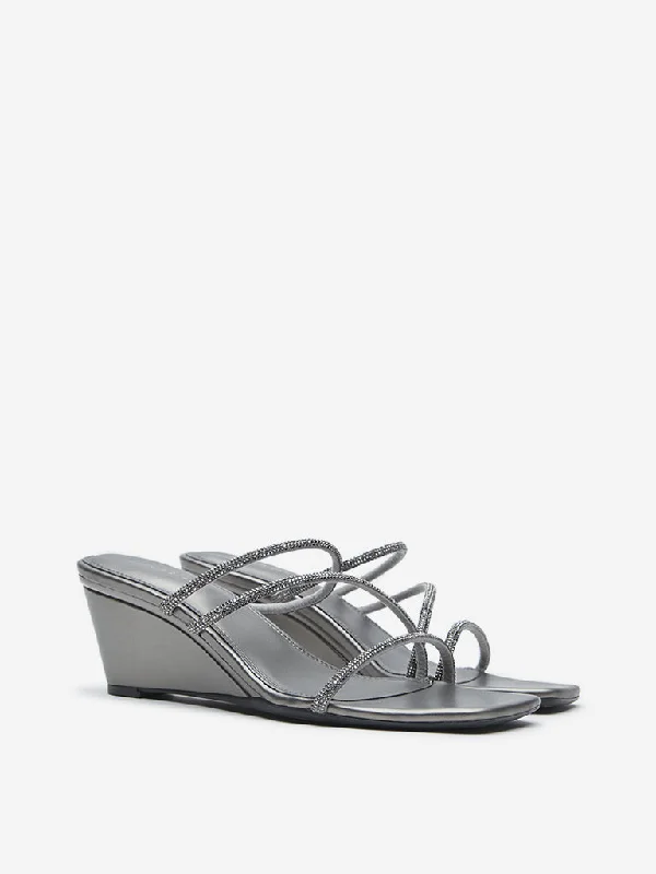 LUNA BLU Grey Diamante Detailed Wedge Sandals