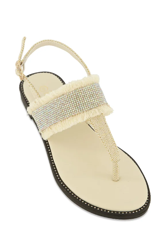 Rhinestone Frayed Buckle Strap Thong Sandals