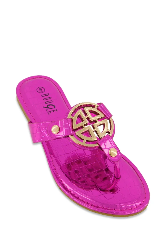 Faux Croc Geo Pendant Thong Sandals