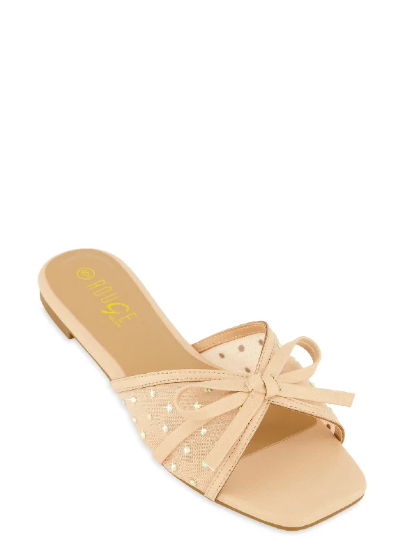 Mesh Rhinestone Bow Band Slide Sandals