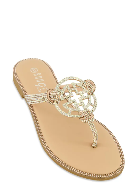 Rhinestone Geo Pendant Thong Sandals