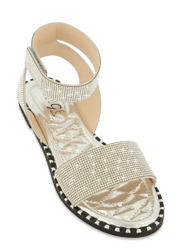 Rhinestone Studded Velcro Ankle Strap Sandals