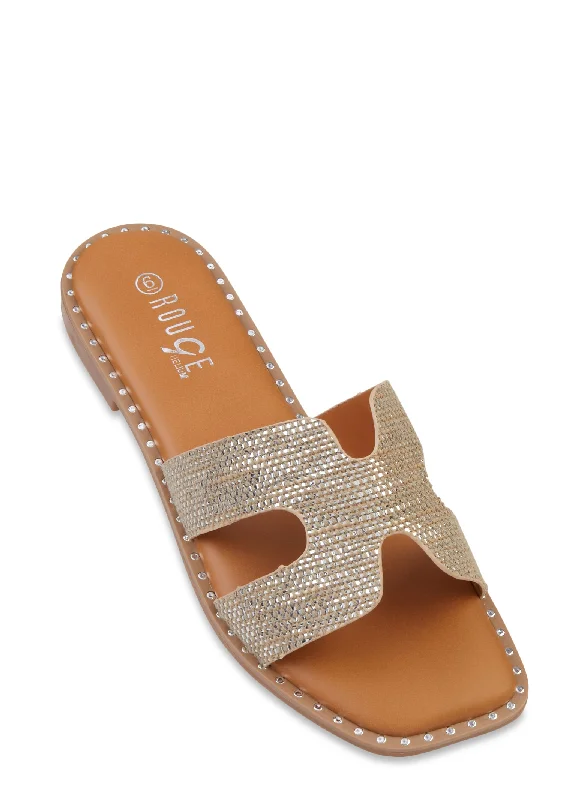 Studded Trim Straw Cut Out Band Slide Sandals