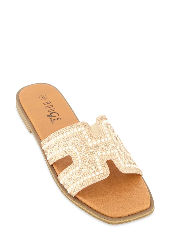 Faux Pearl Cut Out Band Slide Sandals