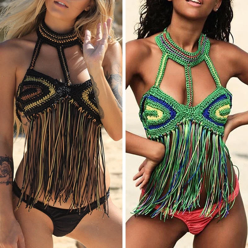 2019 New Black Sexy Women Tassel Bikini Top Boho Beach Swimwear Crochet Fringe Bikini Bra Halter Camisoles Tank Swimsuit