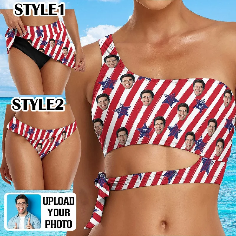 Custom Face American Flag Bikini Top&Bottom One Shoulder Bikini Top Split Bikini