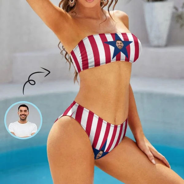 Custom Face American Flag Star Swimsuit Strapless Bandeau Bikini Set Bathing Suits