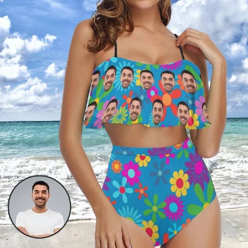 Custom Face Bikini Personalized Colorful Flowers Swimsuit Ruffle Bathing Suits Summer Vacation