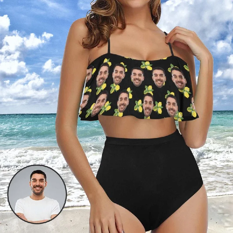 Custom Face Bikini Personalized Lemon Swimsuit Ruffle Bathing Suits Gift For Her