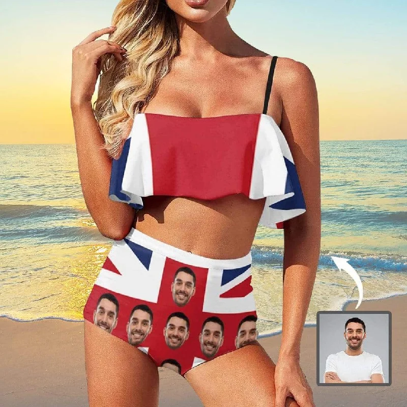 Custom Face Bikini UK Flag Swimsuit Personalized Ruffle Bathing Suits Celebrate Holiday Party