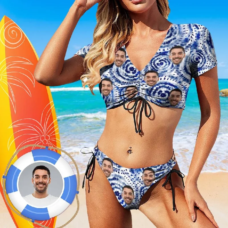 Custom Face Blue Pattern Swimsuit Personalized Women's New Bikini With Sleeves Vacation Party