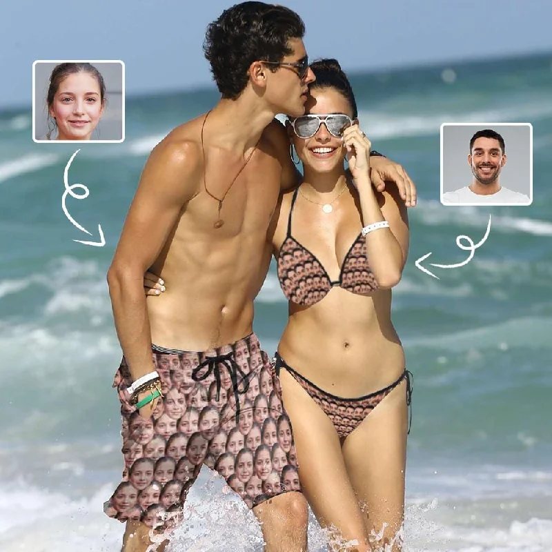 Custom Face Cute Boyfriend Couple Matching Swimsuit Women's Bikini Swimsuit Men's Swim Shorts