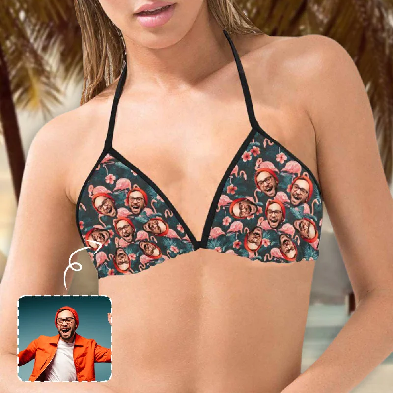 Custom Face Flamingo And Flower Bikini Personalized Summerwear Beach Swimsuit Top