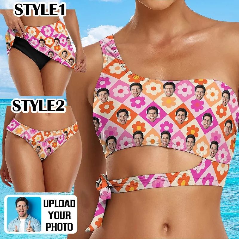 Custom Face Grid Flowers Bikini Top&Bottom One Shoulder Bikini Top Split Bikini