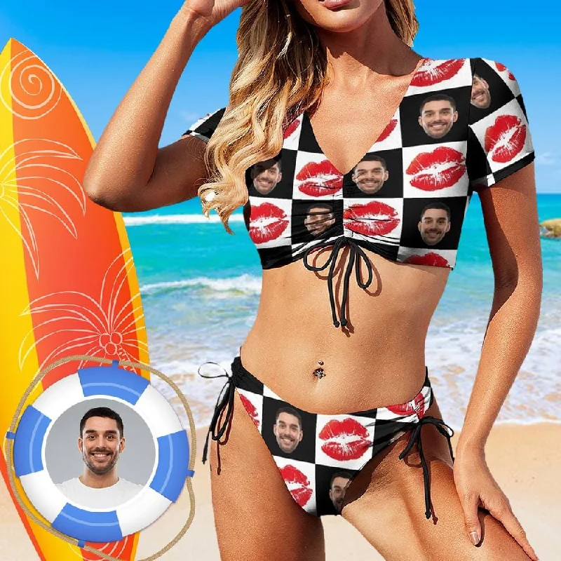 Custom Face Kiss Me Swimsuit Personalized Women's New Bikini With Sleeves Honeymoons For Her