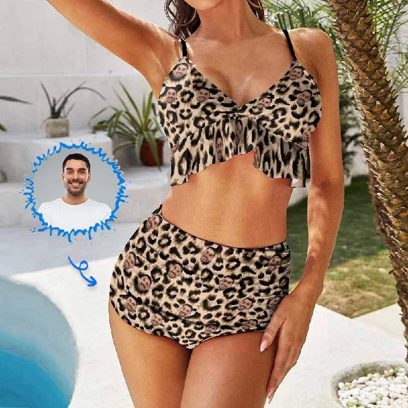 Custom Face Leopard Women's Chest Ruffle Bikini Swimsuit