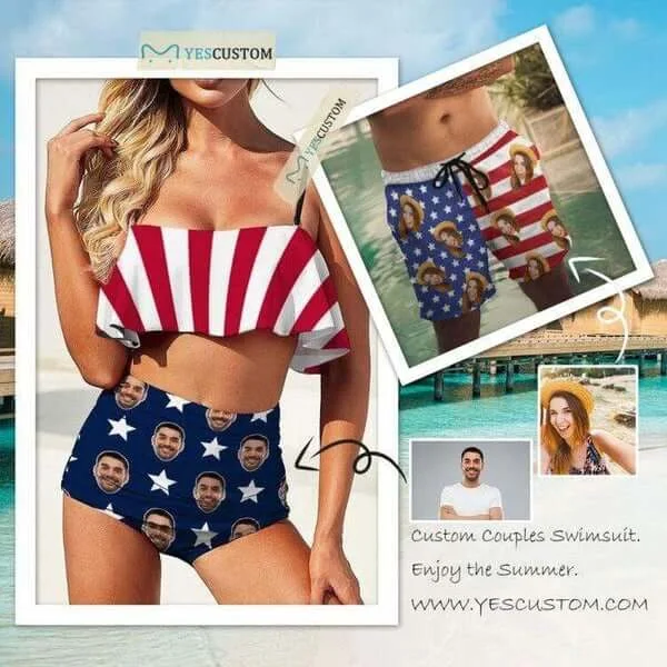 Custom Face Stripe Star Flag Personalized Couple Matching Swimsuit Women's Bathing Suit Men's Swim Shorts