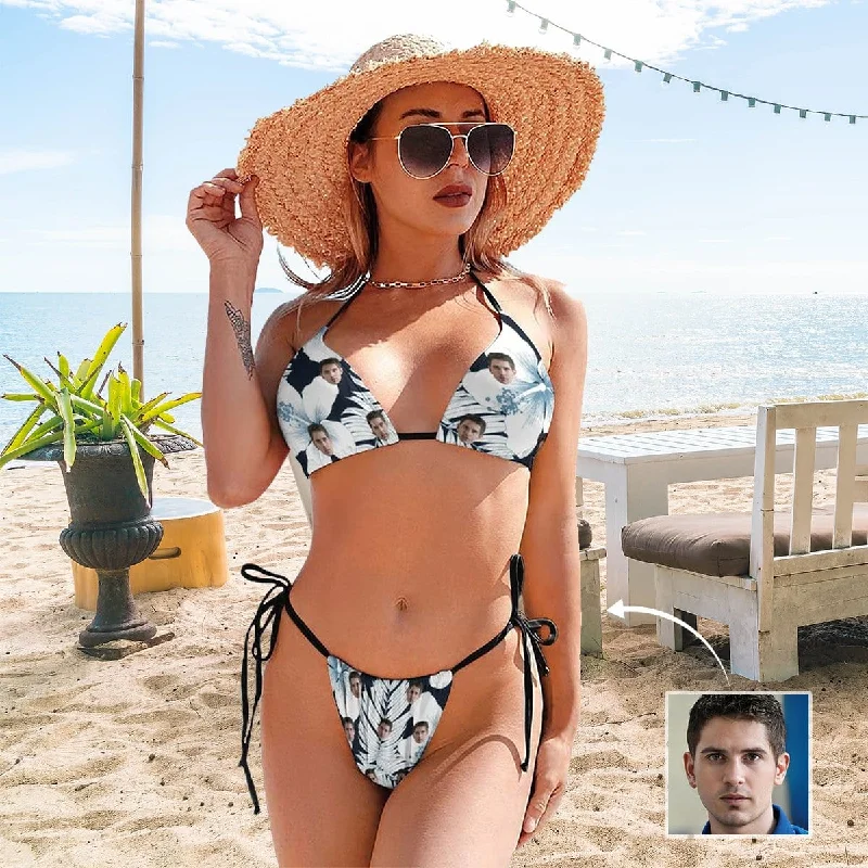 Custom Face Bikini Watercolor Flowers Swimsuit Personalized Women's Triangle Bathing Suit