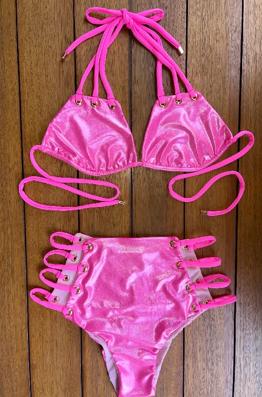 High Waist Festival Strappy Swimsuit Set - Sparkle Glitter Barbie Pink