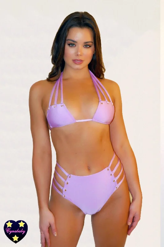 High Waist Strappy Eyelet Swimsuit Set - Orchid Pastel