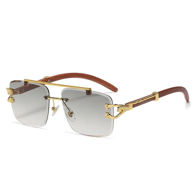 Men's Retro Rectangle Wood Printed Gold Lion Decoration Sunglasses