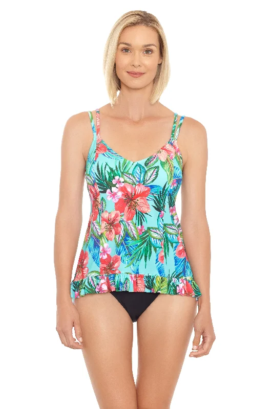 SALE Penbrooke Taste Of Tropics Princess Seam Ruffle Hem Tankini Top