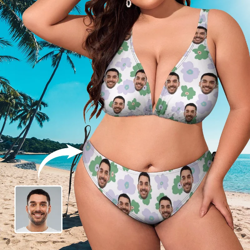 #Plus Size Swimwear-Custom Face Summer Flowers Sexy Plus Size Bikini Two-Piece Swimsuit