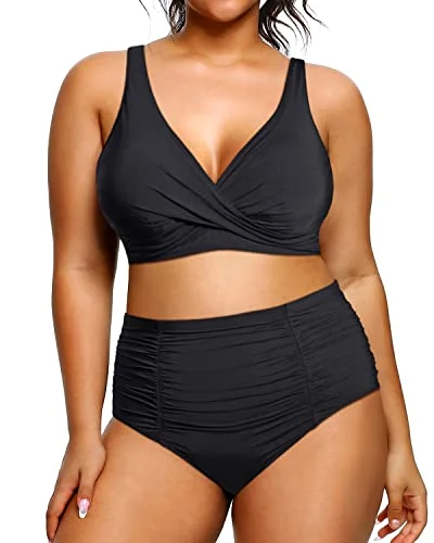 Plus Size High Waist Bikini Tummy Control Bathing Suits Twist Front Swimwear-Black