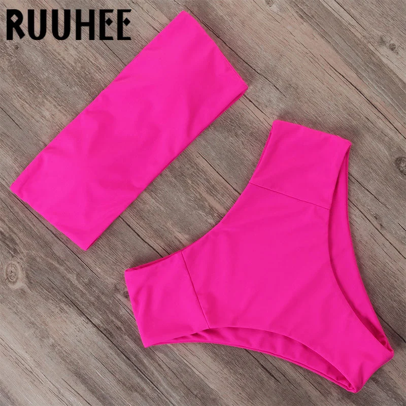 RUUHEE High Waisted Neon Bikini 2020 Woman Bandeau Bathing Suit Mayo Push Up Swimwear Tube Top Sexy Two Piece Swimsuit For Women