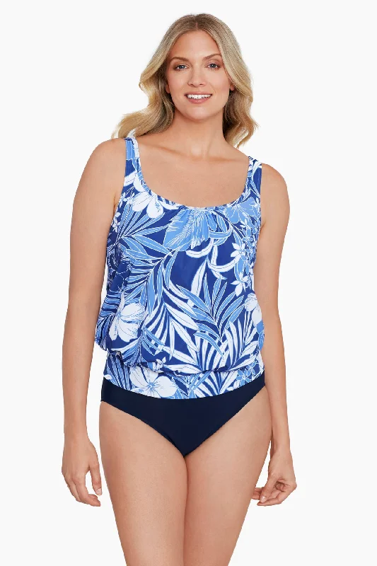 In My Blues Shirred Neck Blouson Tankini Top