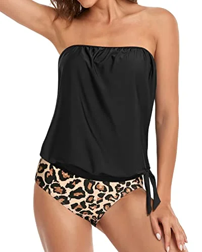 Modest And Sexy Bandeau Tankini Tops For Women Swimwear-Black And Leopard