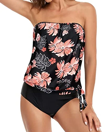 Strapless Bandeau Tankini Sets For Women-Black Orange Floral