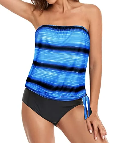 Women's Blouson Bandeau Tankini With Bikini Bottoms-Blue And Black Stripe