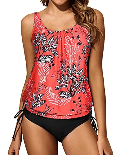 Women Tummy Control Two Piece Blouson Tankini Swimsuits-Red Floral