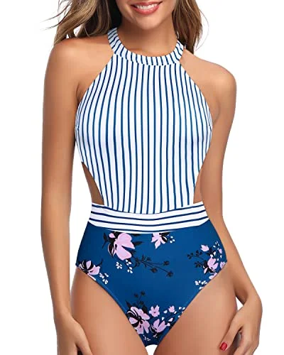 Hollow Out High Neck One Piece Swimsuits Removable Padded For Women-Blue Floral