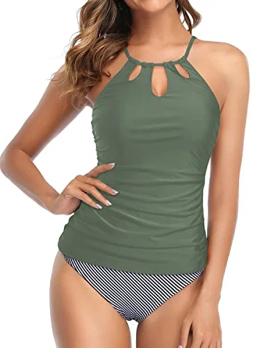 High Neck Tankini Swimsuit For Women Tummy Control Ruched Two Piece-Army Green