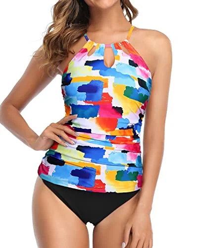 Halter Ruched Tankini Top With Bikini Bottom For Women-Color Block