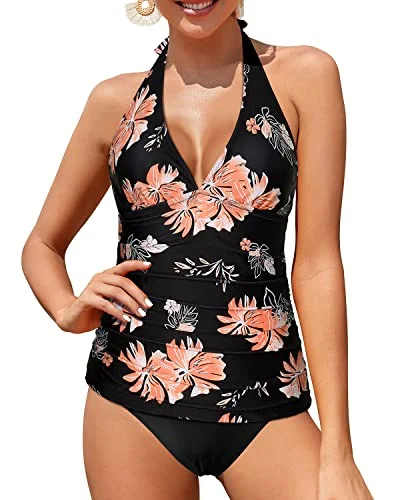 Two Piece Ruched Tankini Cover Tummy Control Swimsuit-Black Orange Floral