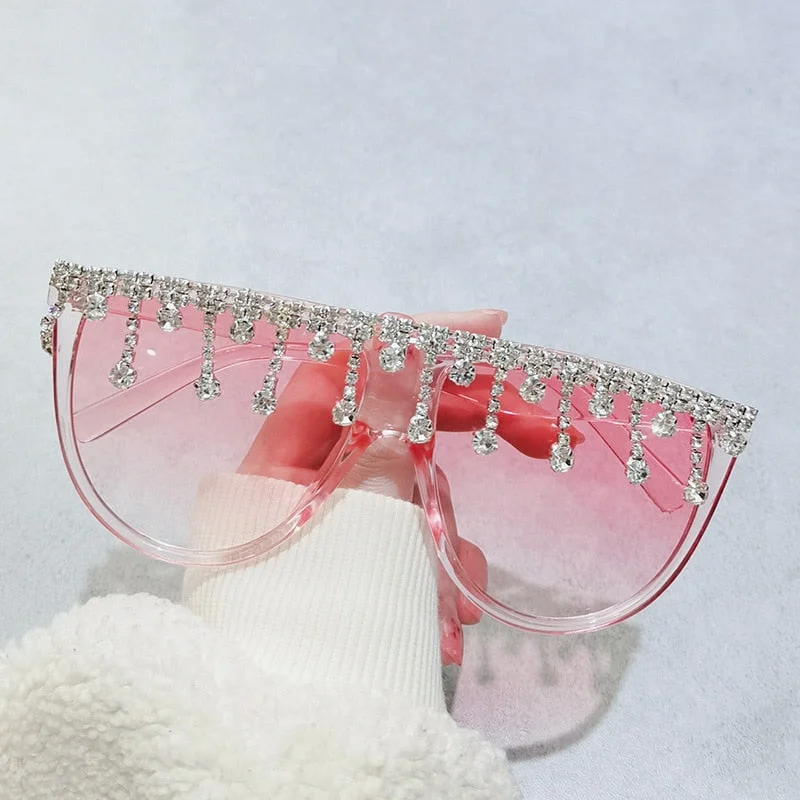 Women's Designer Fashion Tassel Oversized Rhinestone Flat Top Sunglasses