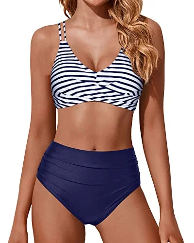 Twist Tie Back High Waisted Bikini Two Piece Swimsuits Push Up Wrap Swim Suits-Blue White Stripe