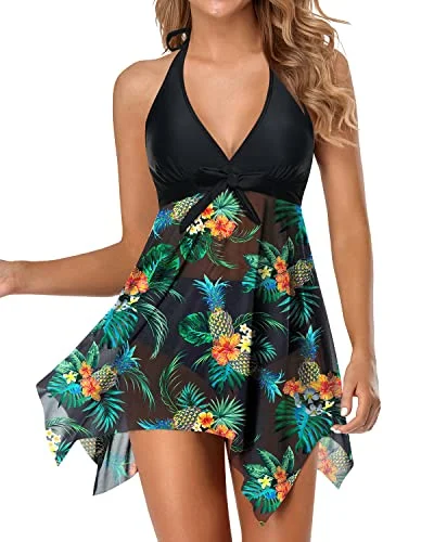 V Neck Two Piece Swimsuit For Women With Tummy Control Boy Shorts-Black Pineapple