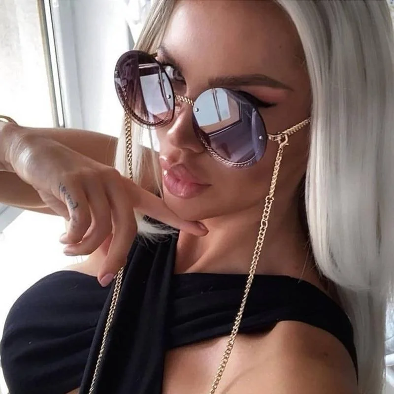 Women's Luxury Round Designer Rimless Sunglasses with Pearl Chain