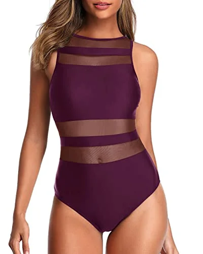 Charming Curves See Through Sheer One Piece Swimsuits Sheer Swimsuits-Maroon