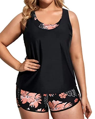 3 Piece Plus Size Tankini Swimsuits With Built In Padded Bra For Women-Black Orange Floral